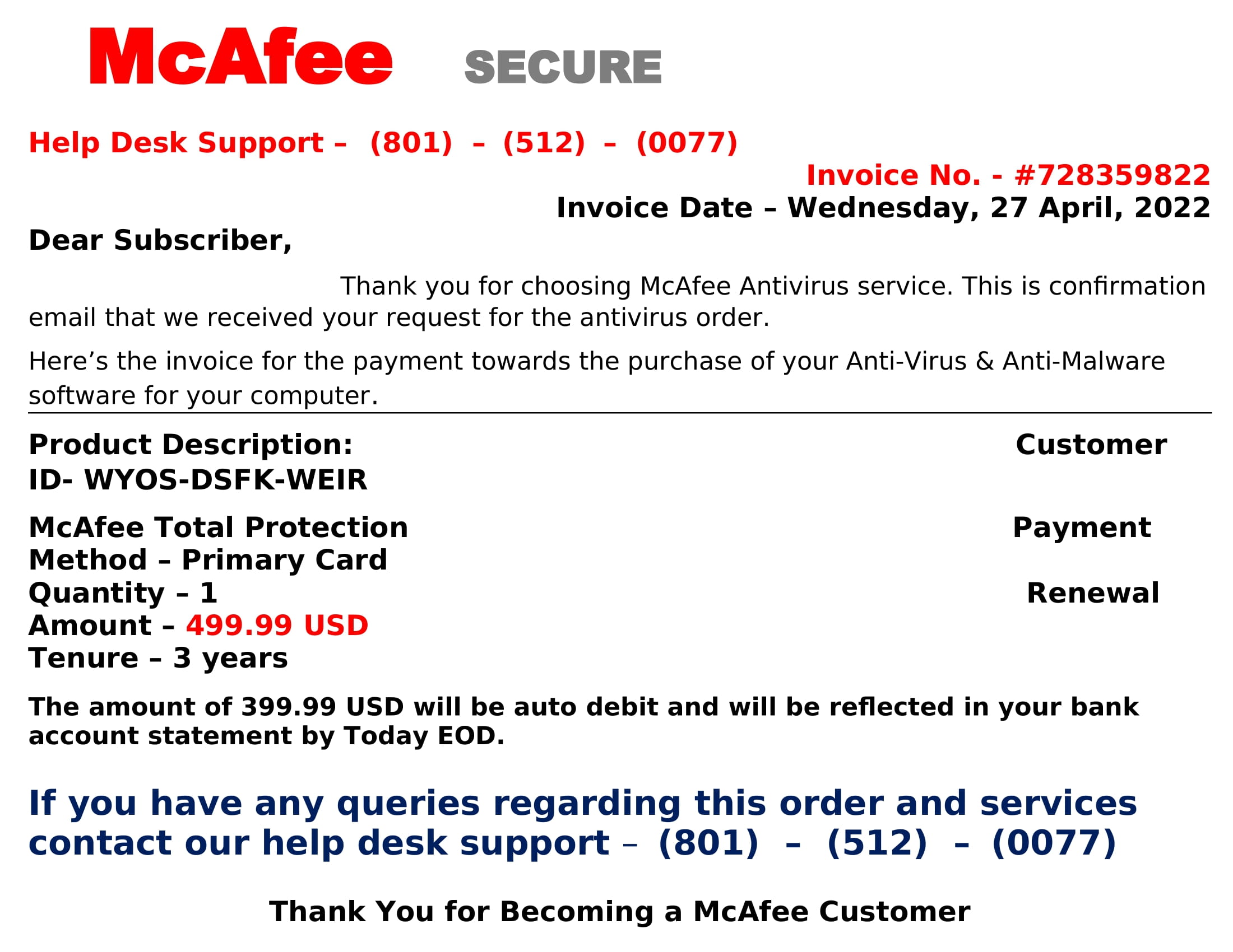 Fake McAfee Invoice